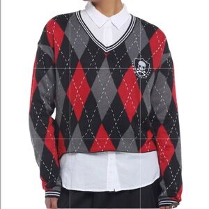 Hot Top Social Collision Skull Crest Argyle V-Neck Sweater Red Black Gray Sz XL